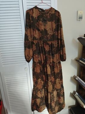 Rare Vintage Moda Fatma Olive and Rust Floral Tiered Maxi Dress